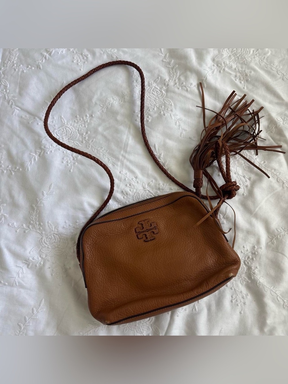 Tory Burch Brown Leather Taylor Camera Tassel Crossbody Purse Braided Bag